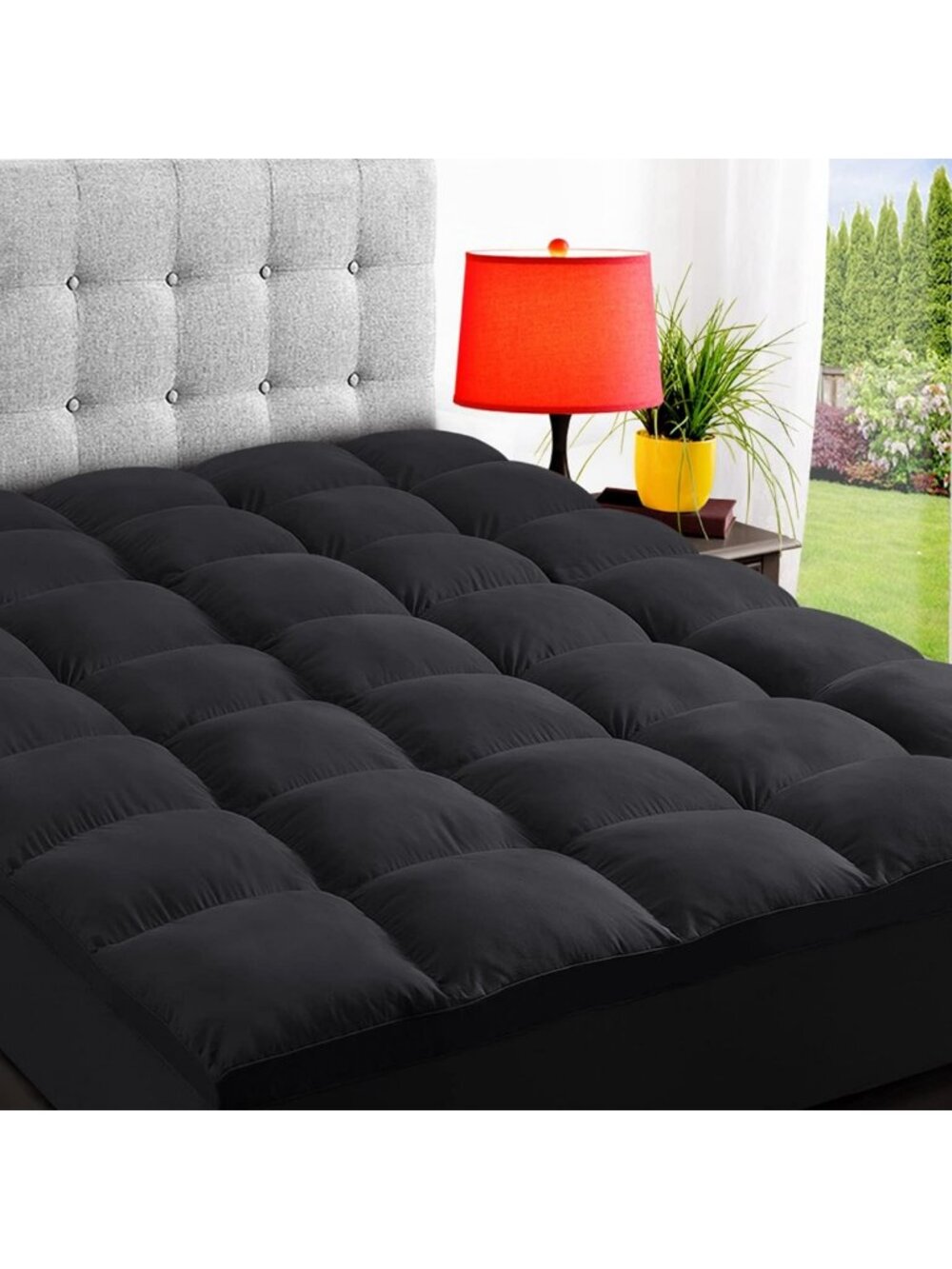 Thick Black Queen Mattress Topper - Plush Pillow Top Pad for Ultimate Comfort